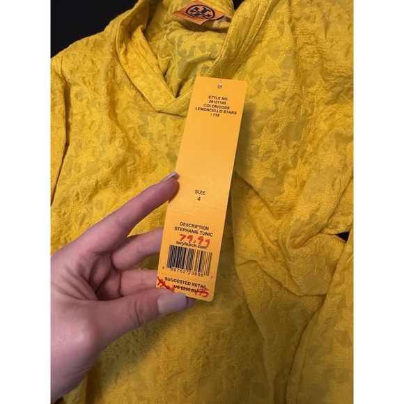 Tory Burch Yellow Star cowl Neck Tunic blouse Sz 4 NWT Embroidered Sheer - Picture 8 of 9
